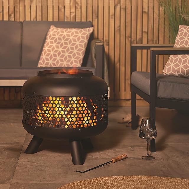 BTFY Fire Pit Star Patterned Firepit with Fire Poker Outdoor, Garden, Patio Heater/Burner for Wood & Charcoal Powder Coated Steel Black