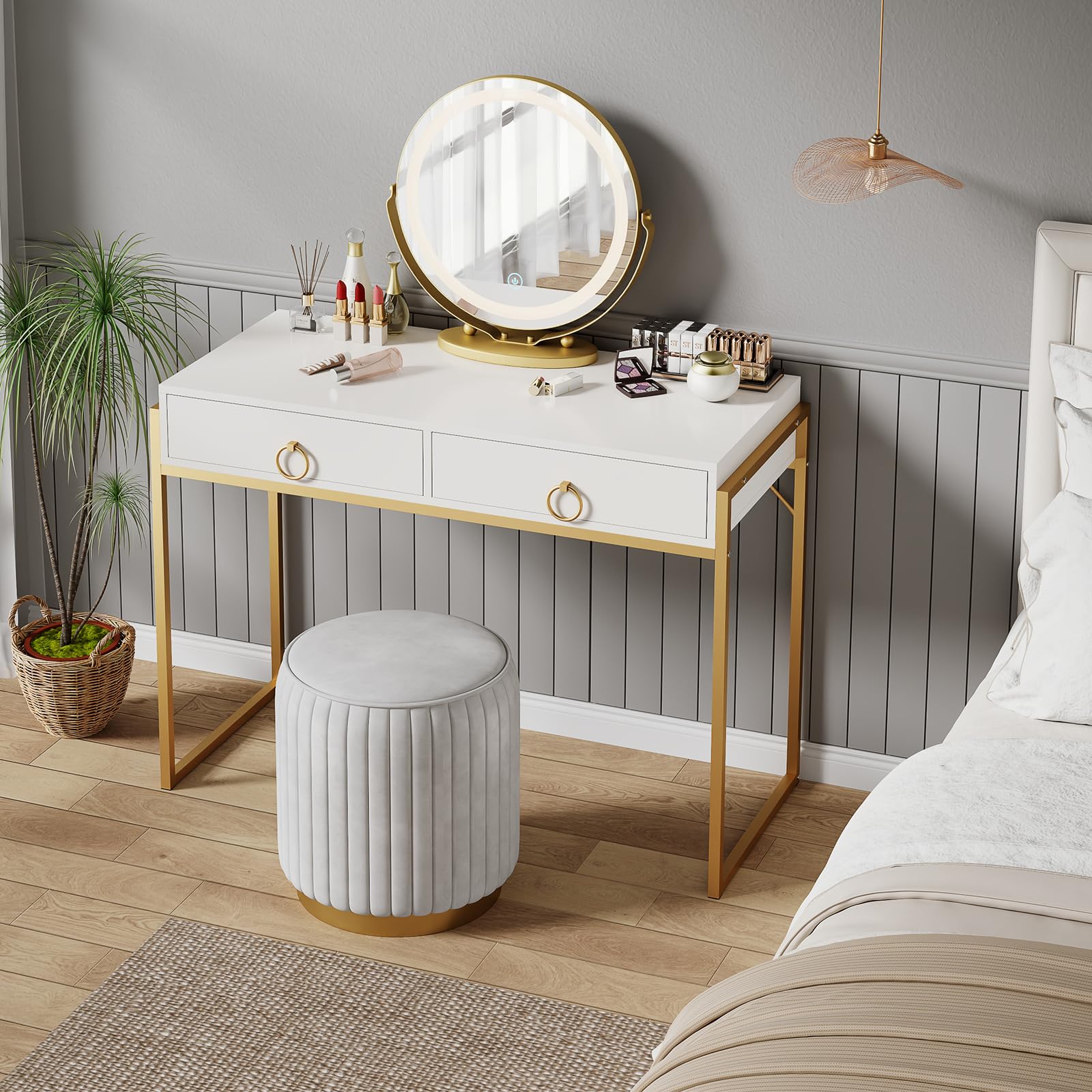 Scrivania per computer con cassetto, tavolo da toeletta da 106,7 cm per camera da letto, piccola scrivania per casa e ufficio, tavolo da toeletta moderno con contenitore, bianco