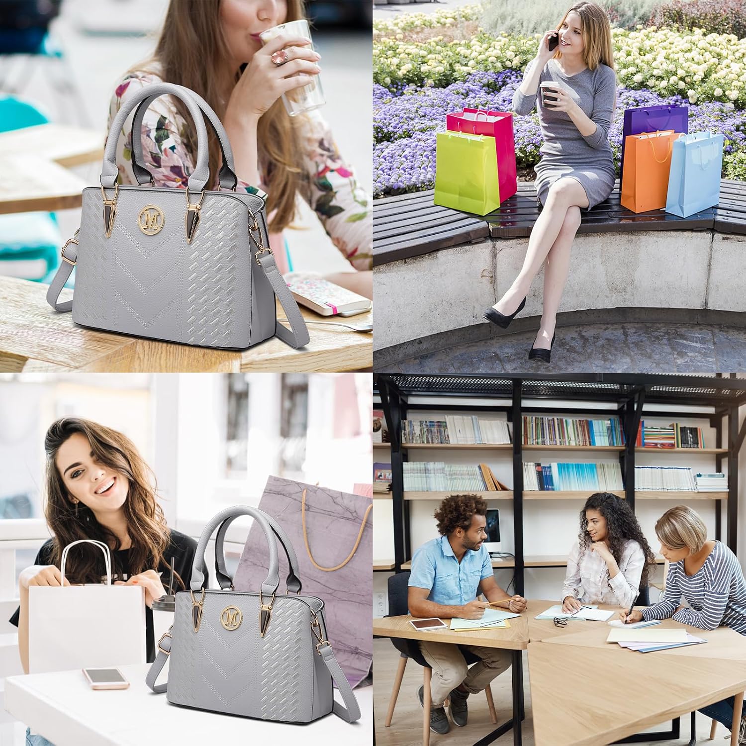 Miss Lulu Women's Medium Classic Handbag Shoulder Bag with Lychee Pattern Multiple Inner Pockets Shoulder Bag Work Leisure Everyday Bag 1-5 Light Grey