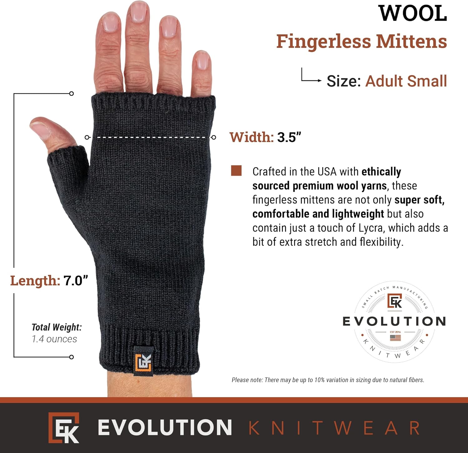 Evolution Knitwear Wool Knit Fingerless Mittens - Super Soft Merino Wool - Made in the USA