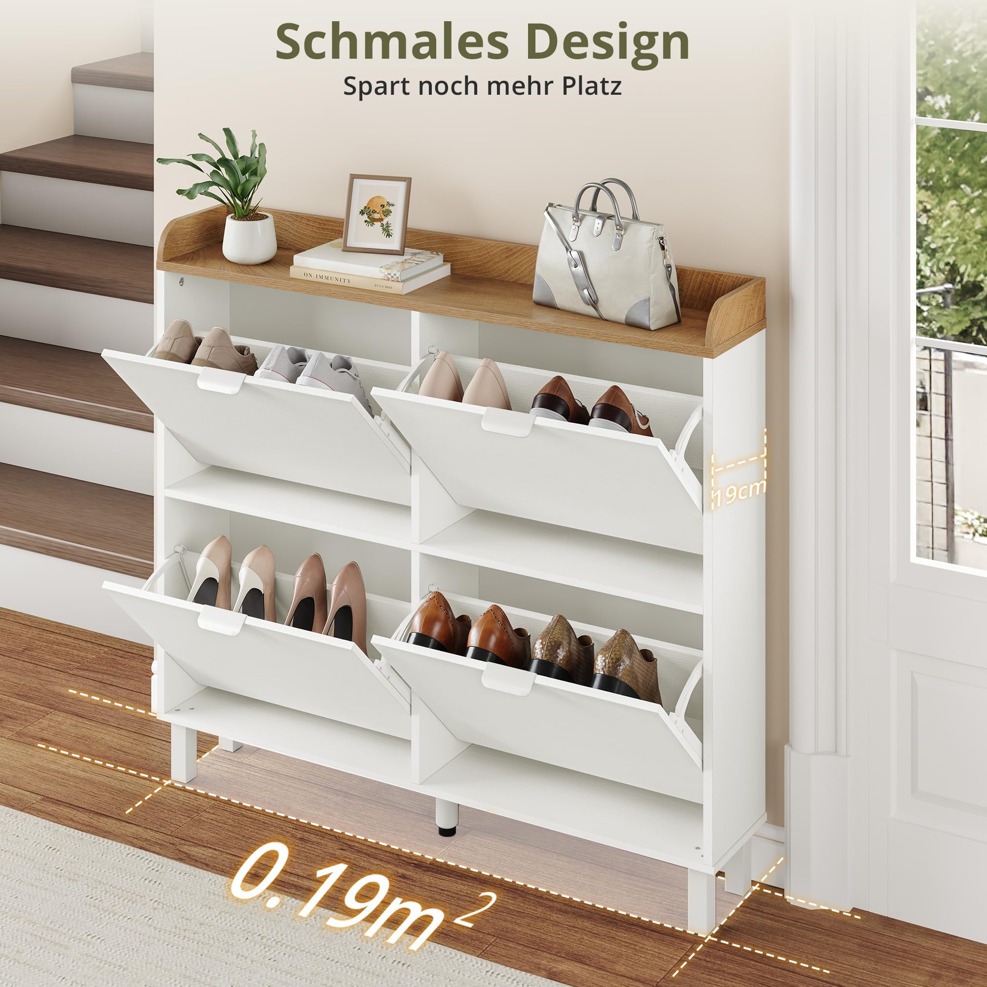 LUE BONA Schuhschrank schmal, Schuhschrank mit 4 Flip-Klappen, Schuhkipper mit Holzfüßen, Schuhregal Geschlossen Shoe Cabinet für Flur, Eingang, Diele, Garderobe, 100x91.5x19cm, Weiß