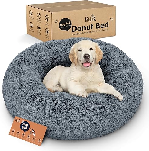 Cama para perros con forma de dona, comodidad prémium para aliviar la ansiedad, diseño esponjoso y calmante con soporte ultra afelpado, acogedora