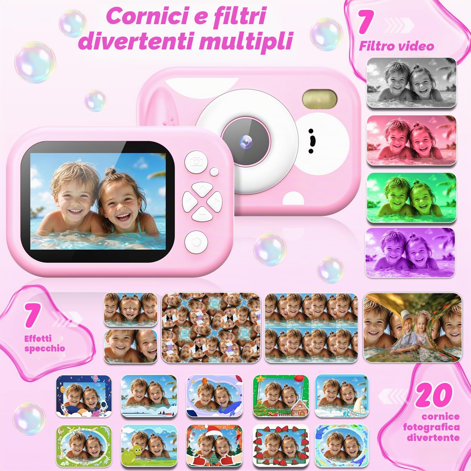 Fotocamera per Bambini, 48MP 1080P Macchina Fotografica Subacquea Impermeabile Digitale Bambini con 2,4 Pollici Schermo Scheda TF Flash LED, Regalo Giocattolo per Bambina e Bambino 3-12 Anni, Rosa