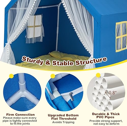 Miniatura 5 de Costzon Tienda de campaña para niños, casa de juegos para interiores y exteriores con ventanas, alfombra de algodón lavable, luces de estrella,