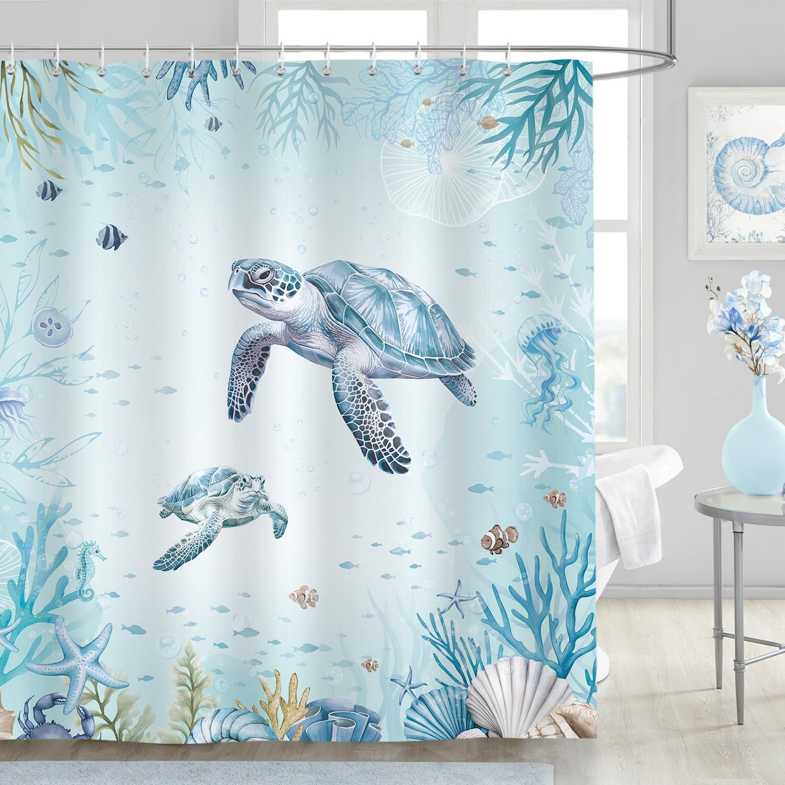 Dazzlewall Sea Turtle Shower Curtain, Teal Blue Nautical Ocean Beach Waterproof Bathroom Curtain 180x180cm, Mildew & Mould Resistant Polyester Fabric with 12 Hooks