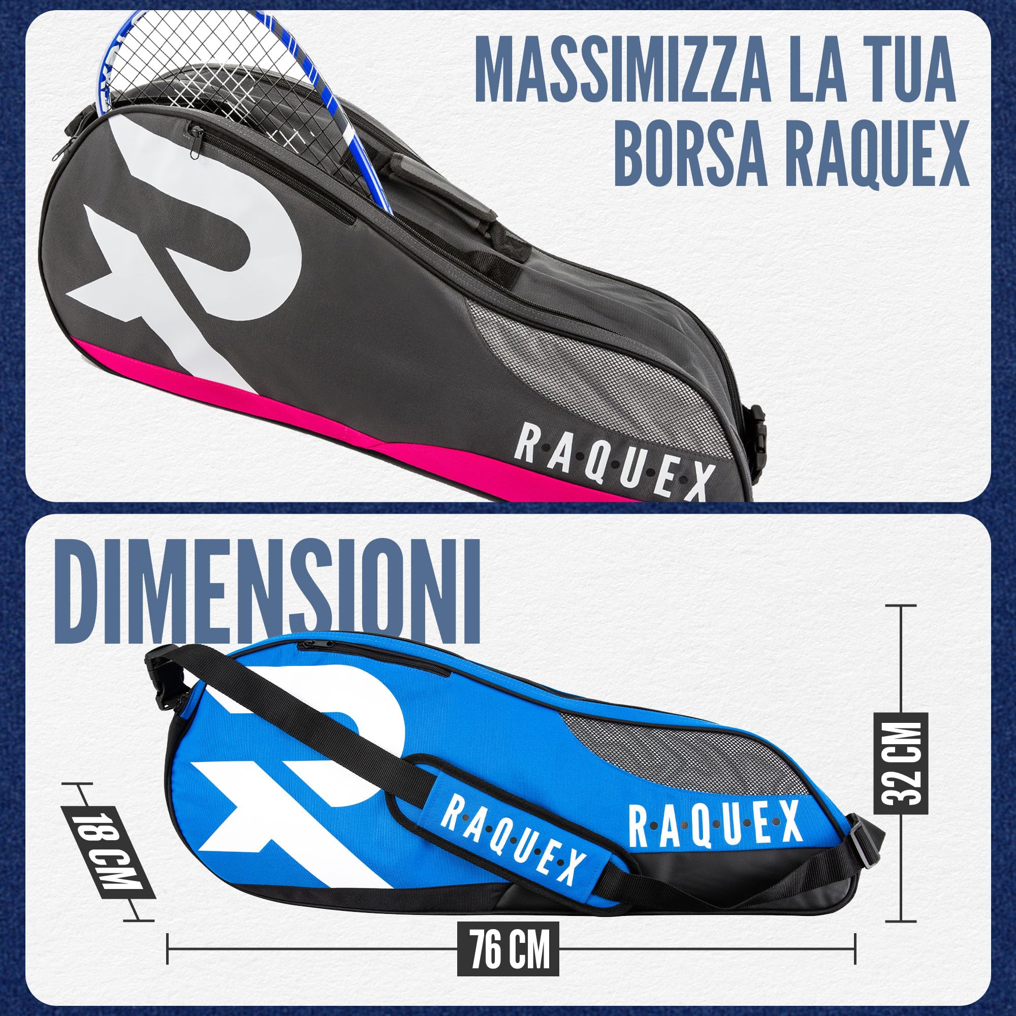 Raquex Borsa da Tennis – Borsa Racchette per Tennis, Badminton e Squash. Blu, Nero o Magenta. Borsa da Badminton, può contenere fino a 6 racchette + accessori + scarpe da ginnastica
