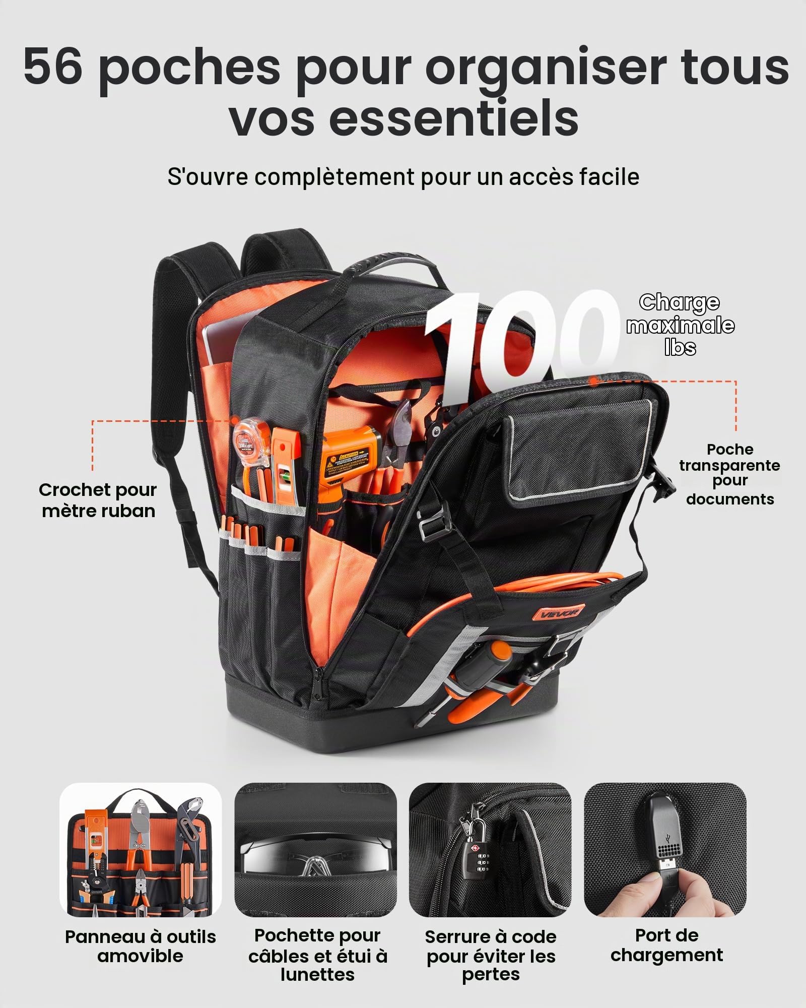 VEVOR Sac à Dos à Outils, Charge 45,3 kg, Sac à Outils, 38x23x54,6 cm, avec 56 Poches, Compartiment Ordinateur Portable, Base, Organisateur à Outil Robuste pour Chantier, Électricien, Réparateur CVC