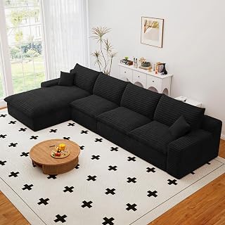 136" Cloud Sectional Couch with L-Shape Chaise, Modern Corduroy Viral Boneless Sofa for Living Room,Memory Foam Couces in a Box with Deep Seat,No Assembly Required (Black,Left-Facing Chaise)