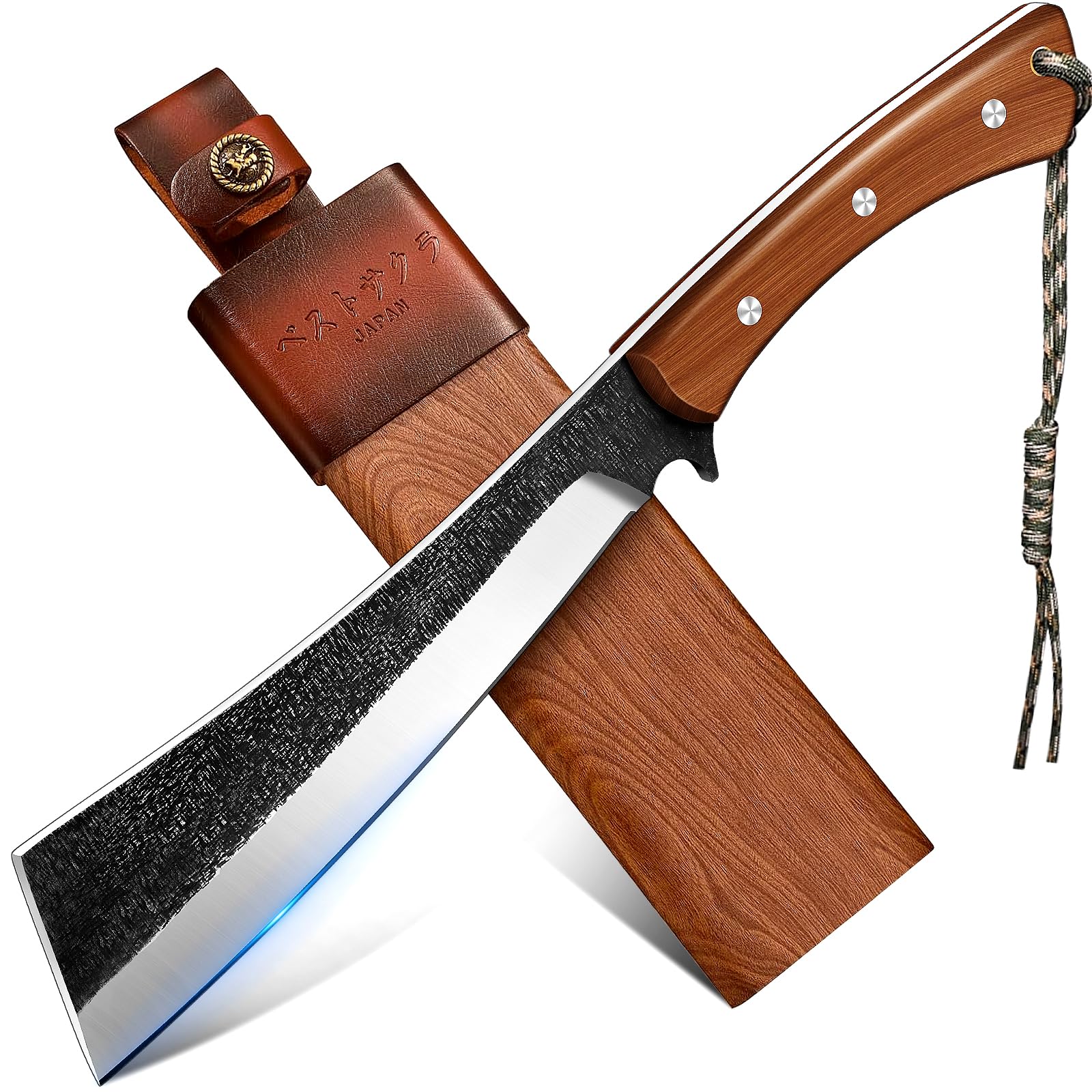 FreelanderJapanese Style High Carbon Steel Machete with Red Sandalwood Ergonomic Full Tang Handle and Wood-Leather Sheath — Heavy-Duty Outdoor Tool for Camping, Hiking, Yard Work, and Survival