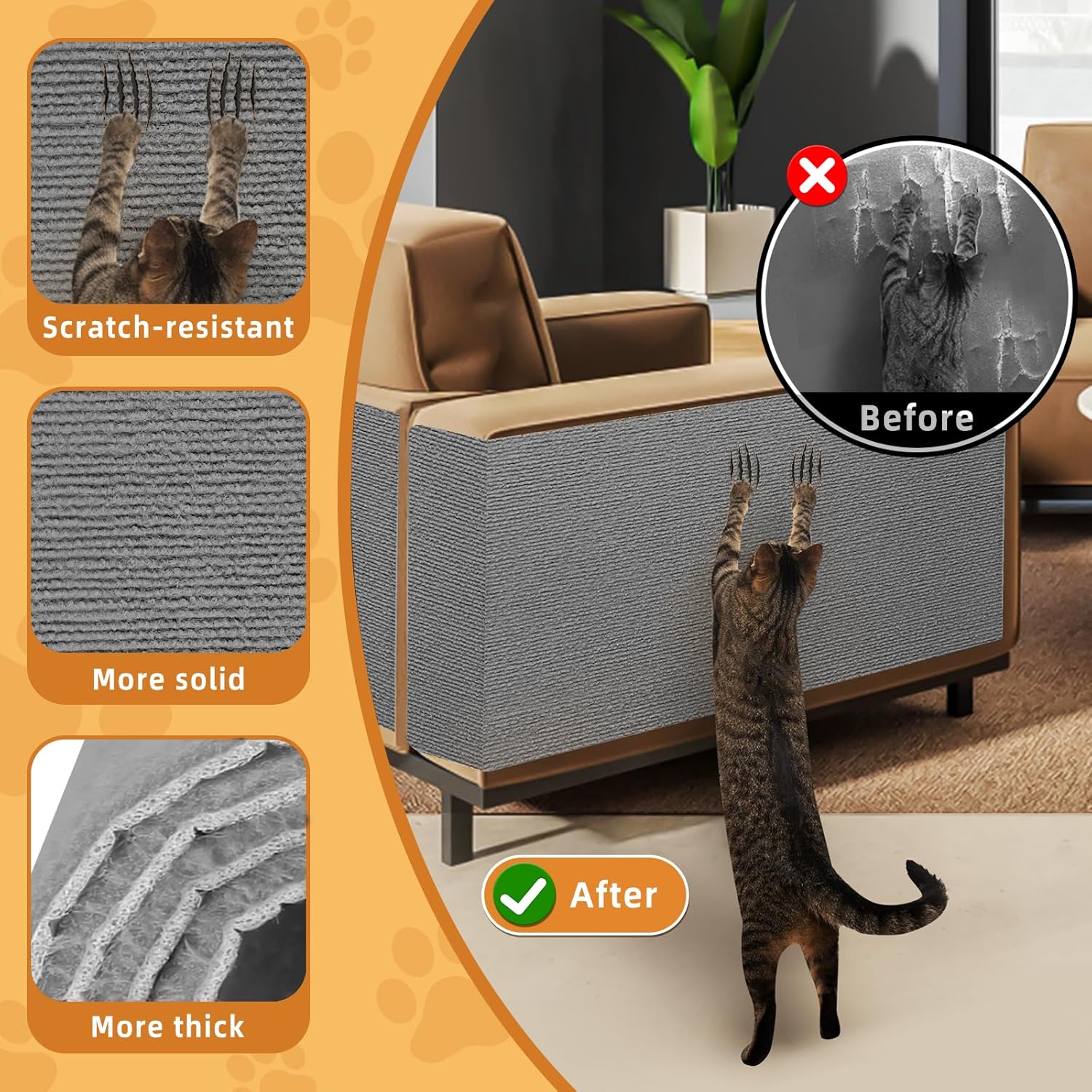 4pack Cat Scratch Couch Furniture and Wall Protector | Adhesive Cat Scratch Pad for Covering Cat Tower, DIY Climbing Cat Scratcher Couch Protector from Cat Claws Scratching (Light Gray)