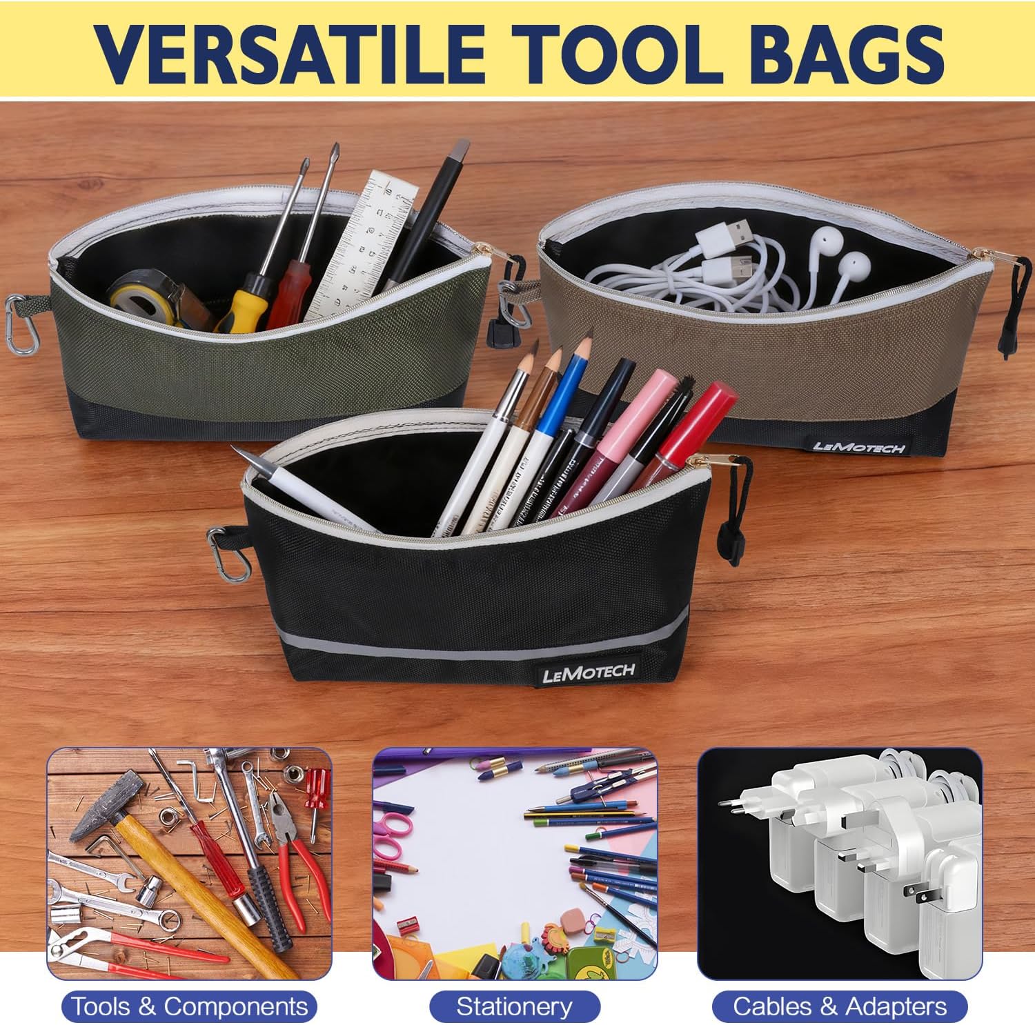 LeMotech Tool Pouch, Stand-Up Small Tool Bag with Zipper, Water Resistant Utility Tool Pouch for Tool Organizers and Storage, 12" Tool Bag, 3 Pack