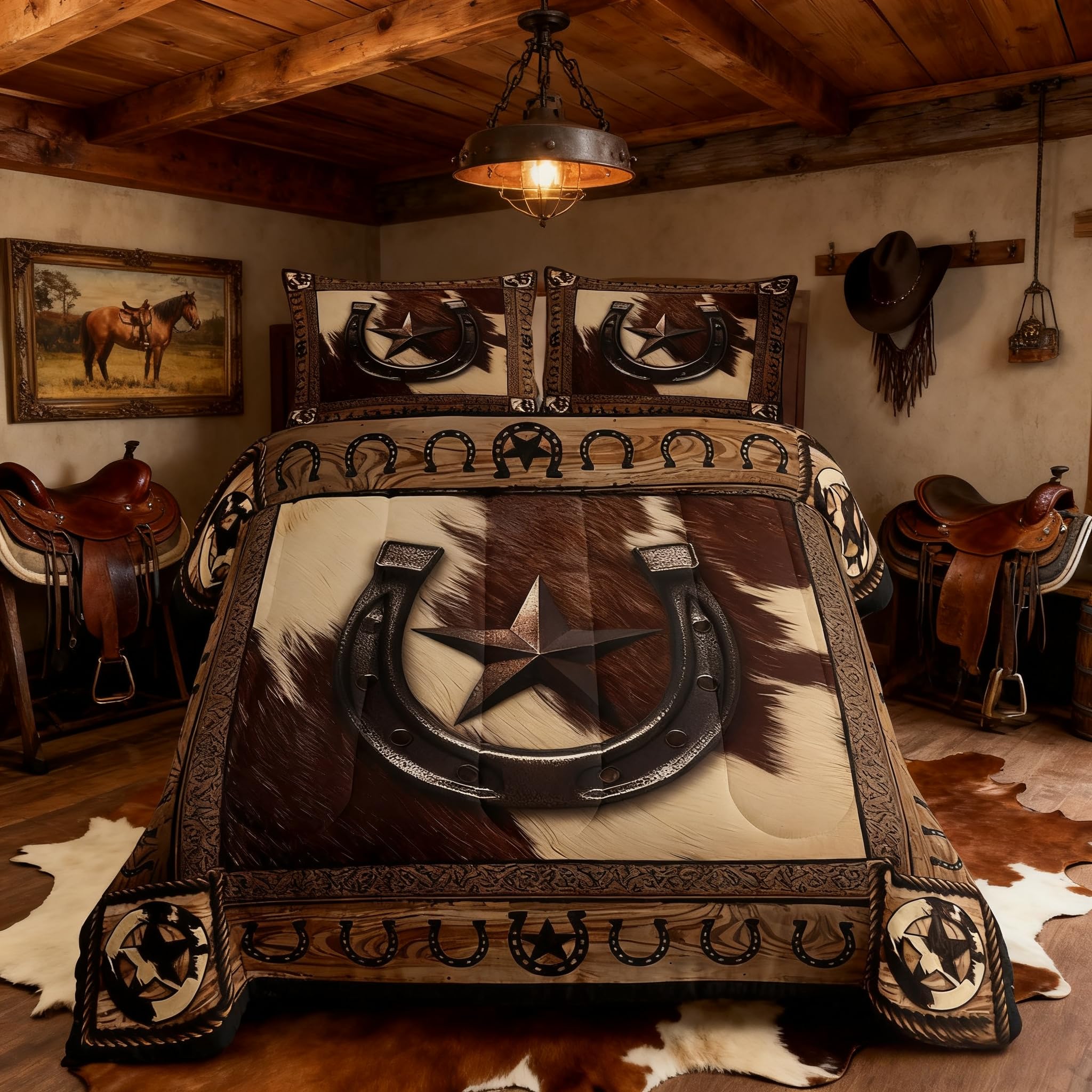 Parure de lit rustique King Size motif cowboy occidental et étoile du Texas en microfibre
