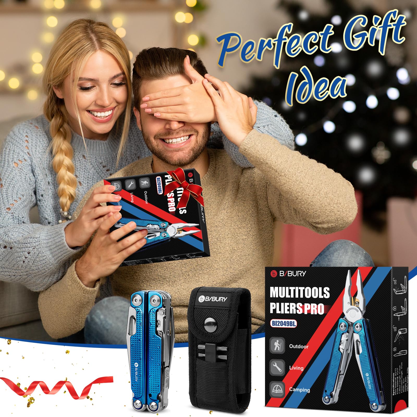 BIBURY Multiherramientas, alicates plegables con mango de titanio azul,regalo para hombres, navaja multiusos de acero inoxidable para el trabajo exterior, camping, reparación - Pro BI2049BL