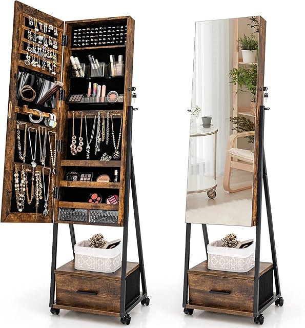COSTWAY Mobile Jewelry Cabinet, Floor Standing Lockable Jewelry Armoire with Full Length Mirror, Drawer and Wheels, Makeup Jewellery Storage Organiser Unit for Bedroom Dressing Room (Rustic Brown)