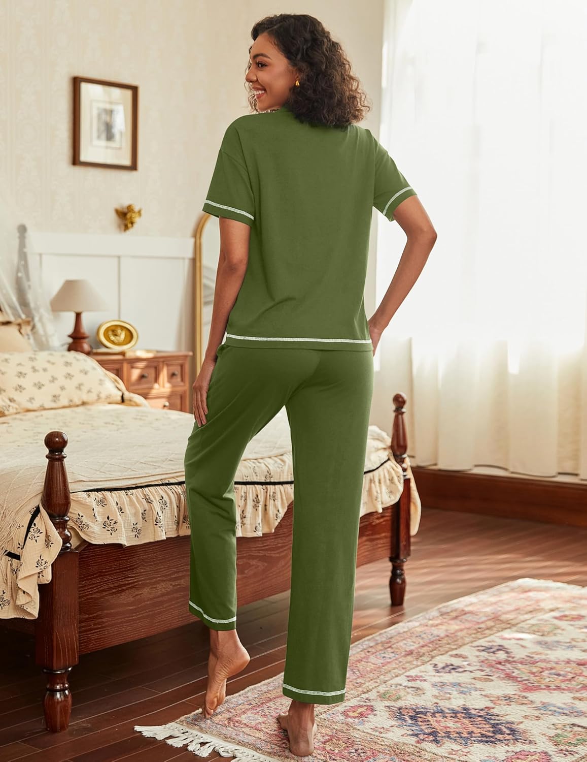 Ekouaer Cotton Pajamas Sets for Women 2 Piece Button Down Short Sleeve Pj Set with Long Pants Lounge Set Soft Sleepwear S-XXL - Image 4