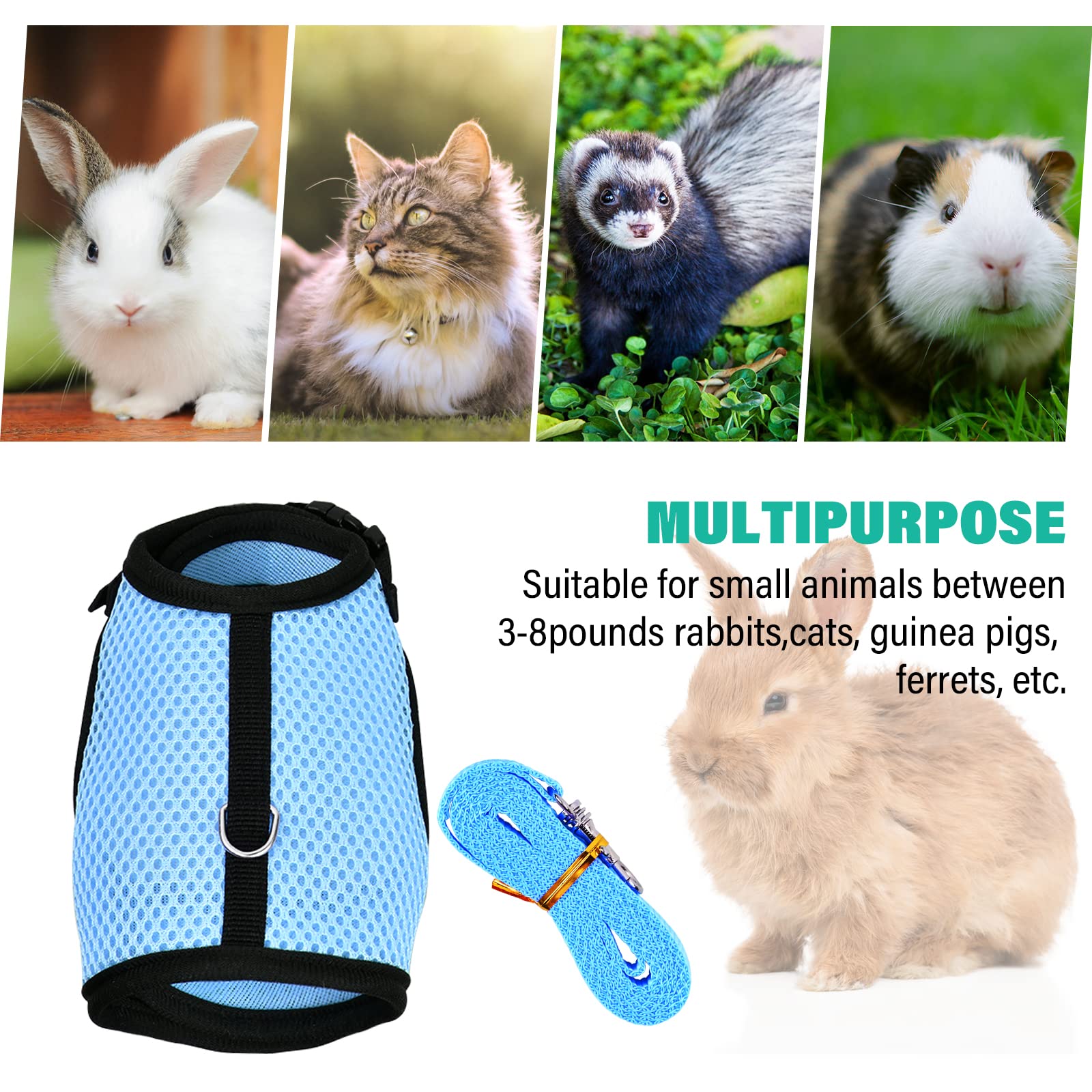 Harnais Lapin Réglable, Laisse Élastique Gilet Souple avec Corde de Traction pour Lapins et Cochons d'Inde (Bleu, S)