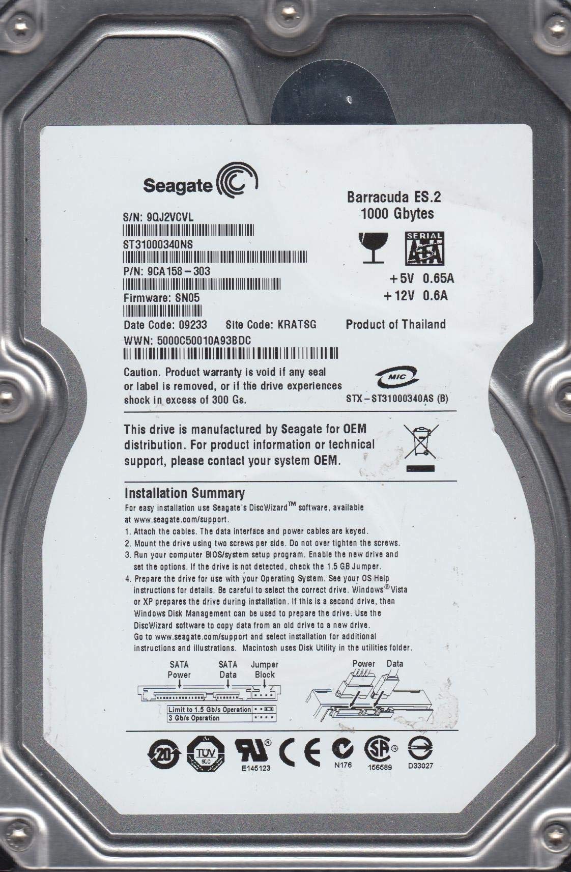 Seagate St31000340ns Disque Dur de 1 to (certifié reconditionné)