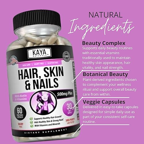 Miniatura 5 de Kaya Naturals Cápsulas de uñas BIOTIN Vitamina D Vitamina B-12 A Apoyo de ácido fólico, Suplemento vitamínico de apoyo para el cabello