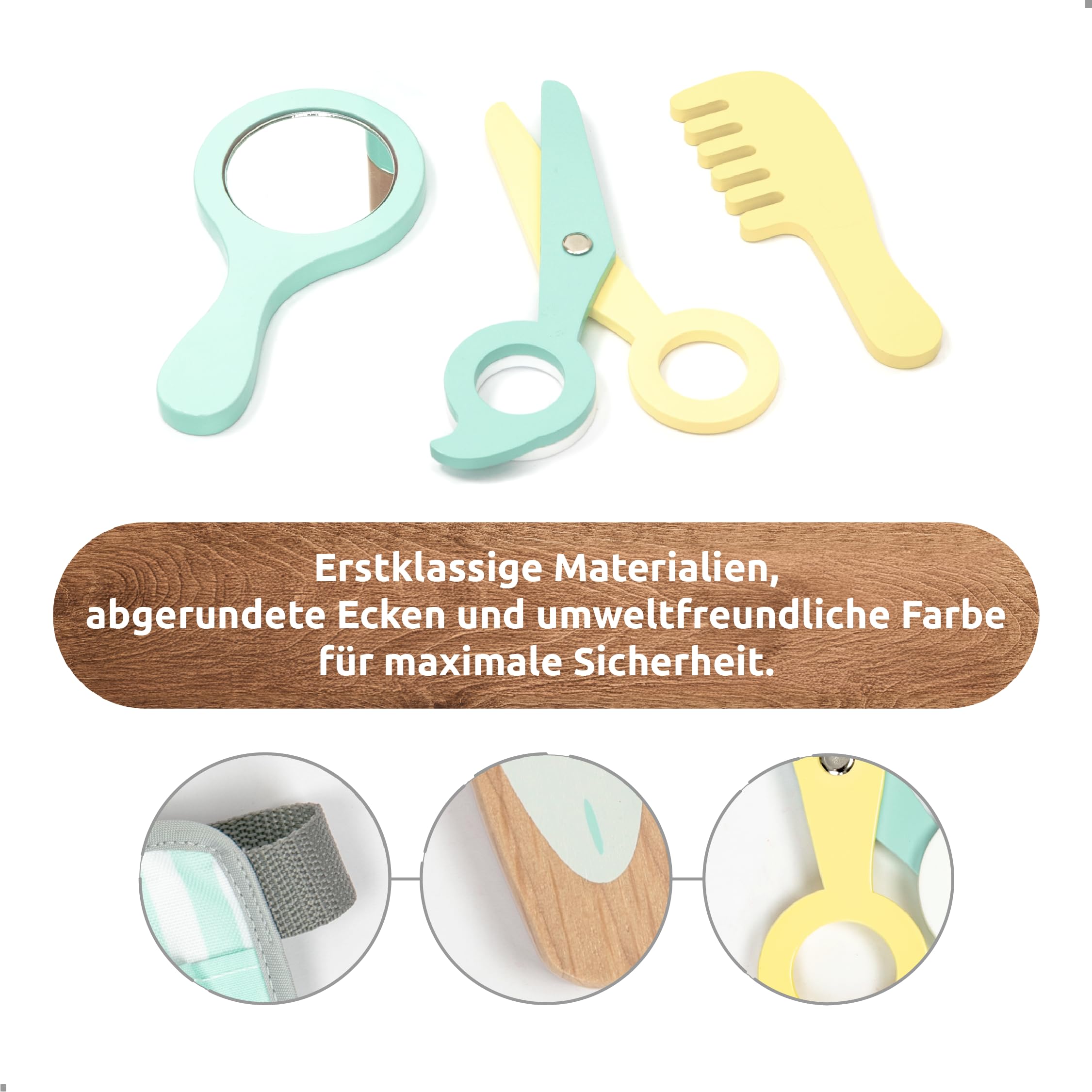 UMU® Kinder Holz Friseur Spielset mit Tasche für Friseurwerkzeuge inkl. Friseurumhang, Schere, Haarglätter, Spiegel u. v. m., 18 Stk Set, Spielzeug zum Rollenspiel, Frisierkoffer für 3, 4, 5 Jahre alt