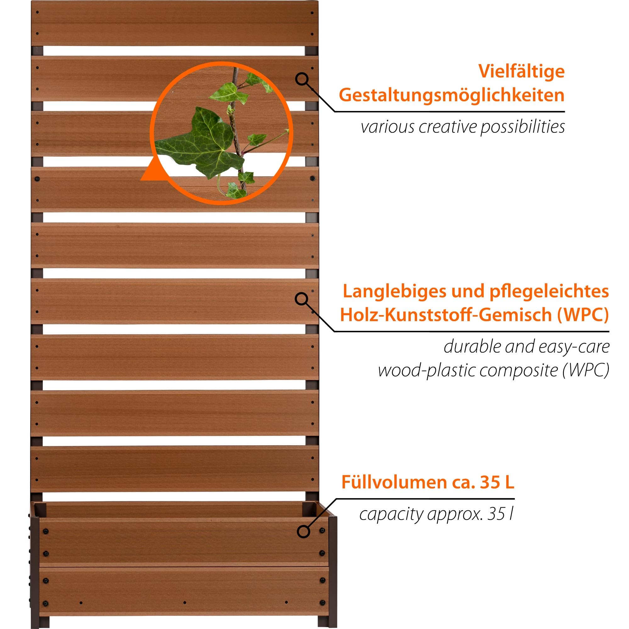 dobar® Doniczka na rośliny XXL z WPC z wysoką ochroną przed wzrokiem – duża skrzynka na rośliny, idealna na balkon i taras, 72 x 33 x 137 cm, drewno tekowe