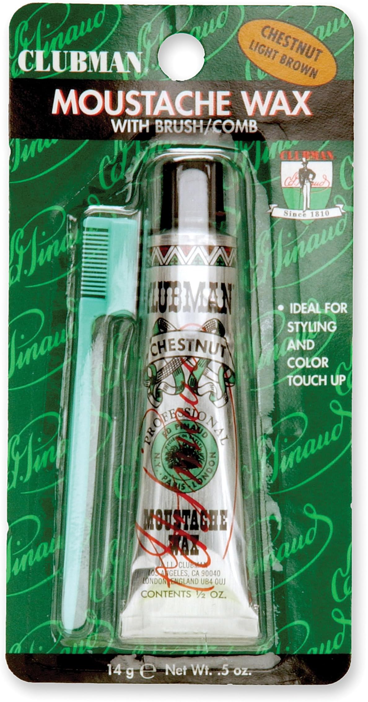 Clubman Mustache Wax for Men – Chestnut Light Brown, Strong Hold Moustache Wax with Styling Brush, Hang Pack, 0.5 oz