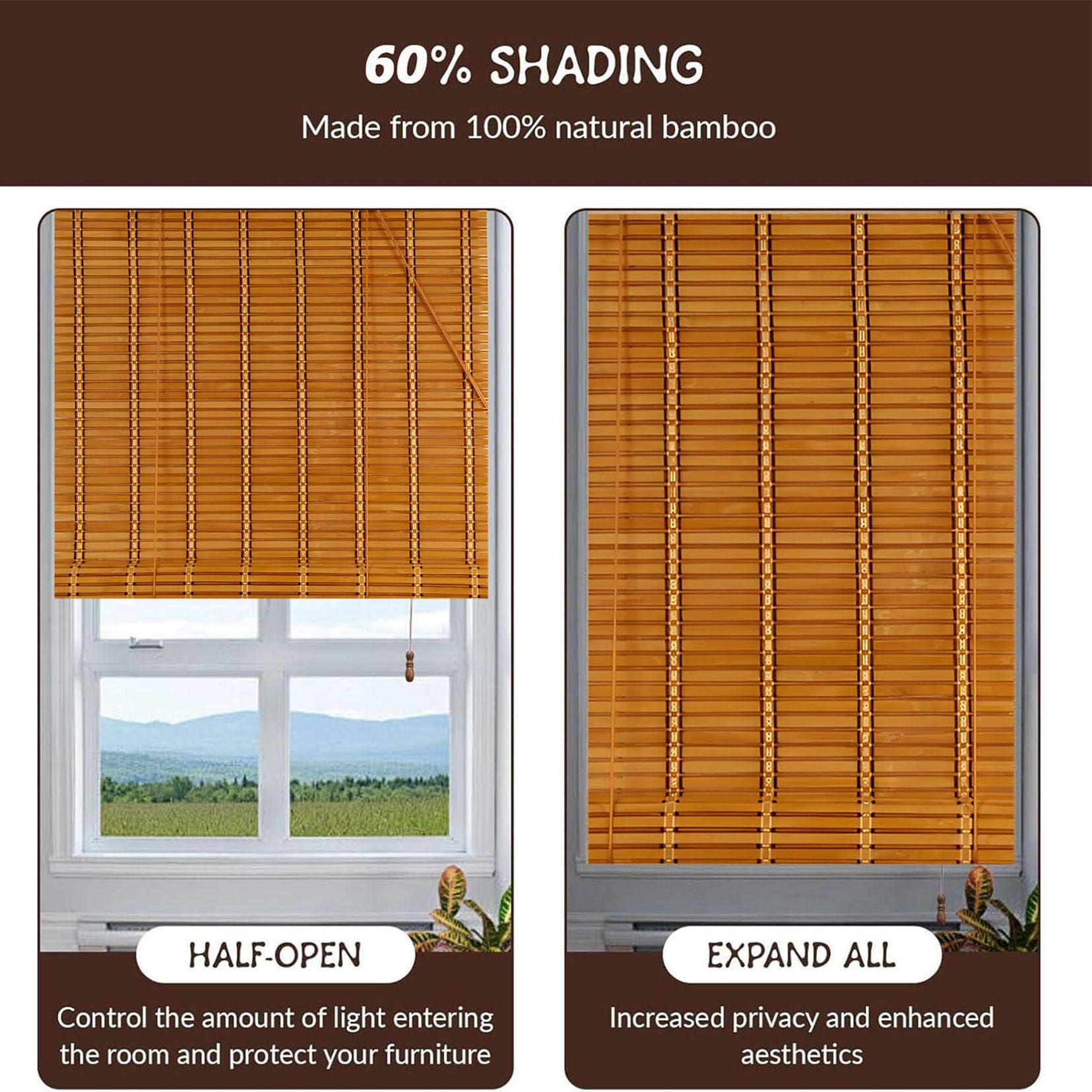Store Enrouleur Bambou Naturel 80x130cm Store Occultant en Bambou Exterieur,Stores à Rouleaux Romains,60% Protection Solaire Intimité éCran,Filtrant La LumièRe Respirant Rideaux DéCoratif
