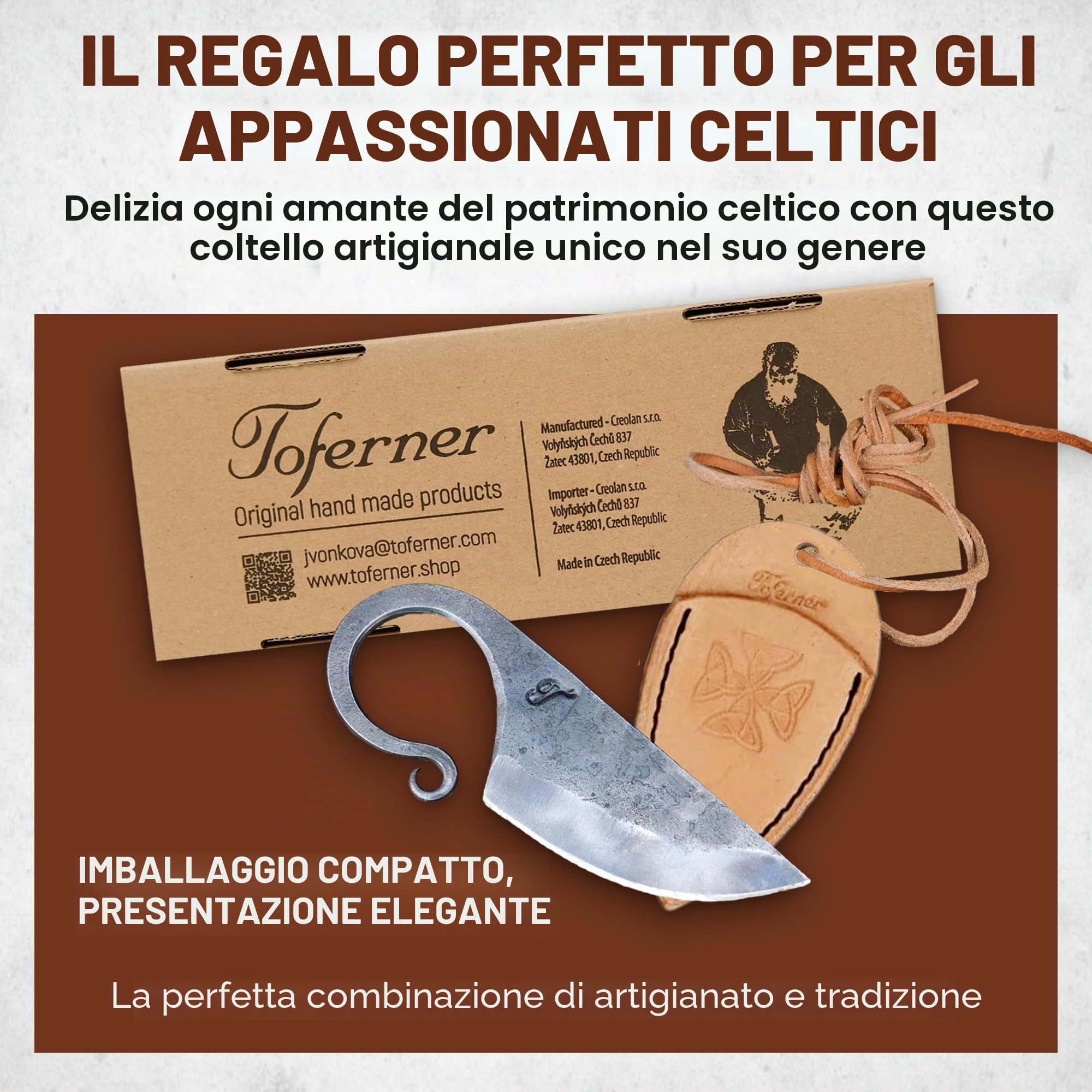 TOFERNER Coltello da caccia a lama fissa Coltello in acciaio Celtico – Forgiato a mano & Vintage Look – Lama a punta ultra affilata – Inclusa custodia in vero cuoio