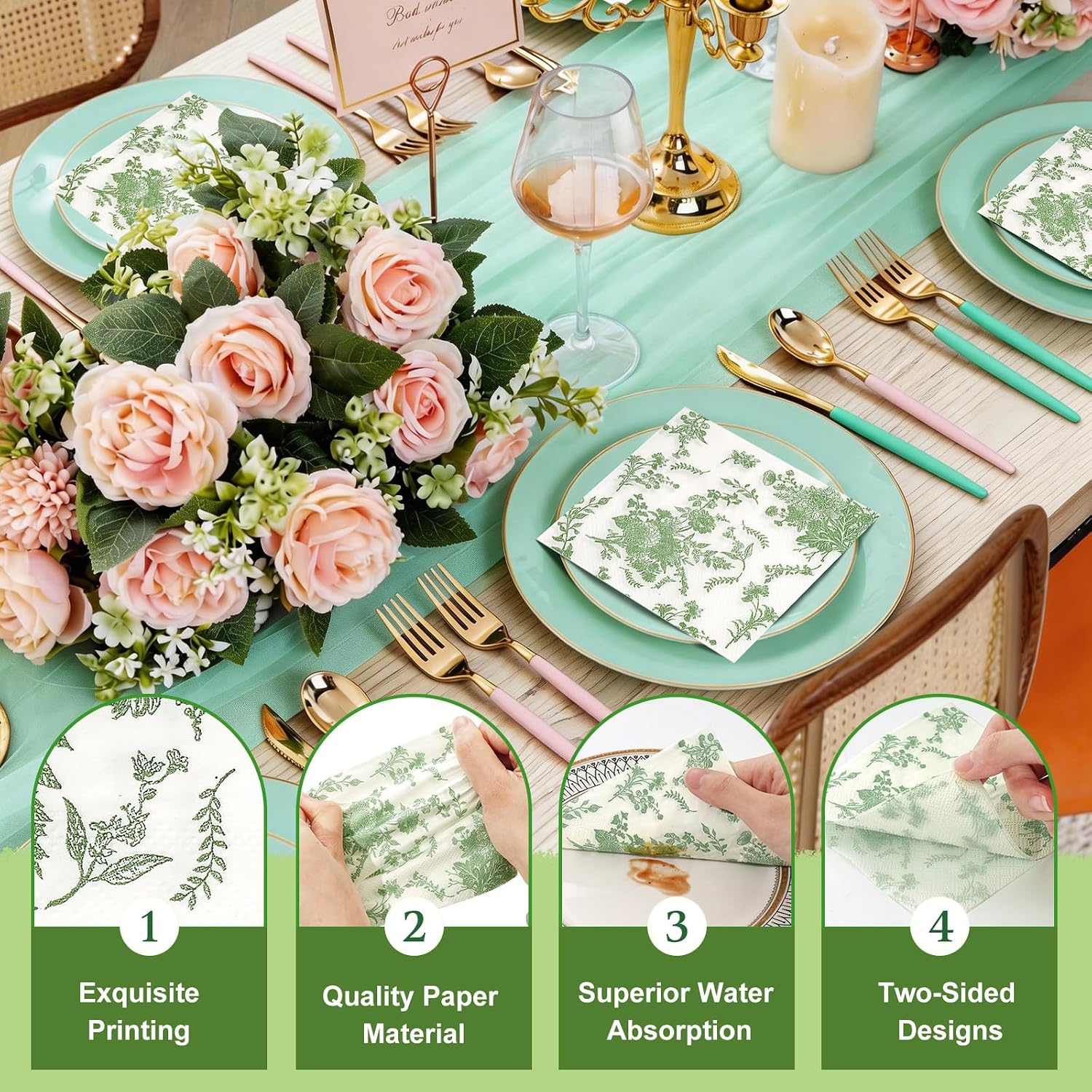 200Pack Sage Green Floral Cocktail Napkins Disposable Wedding Paper Napkin Decorative Green & White Hydrangea Flower Guest Hand Towel Fancy Dinner Napkin for Bridal Baby Shower Birthday Party Supplies