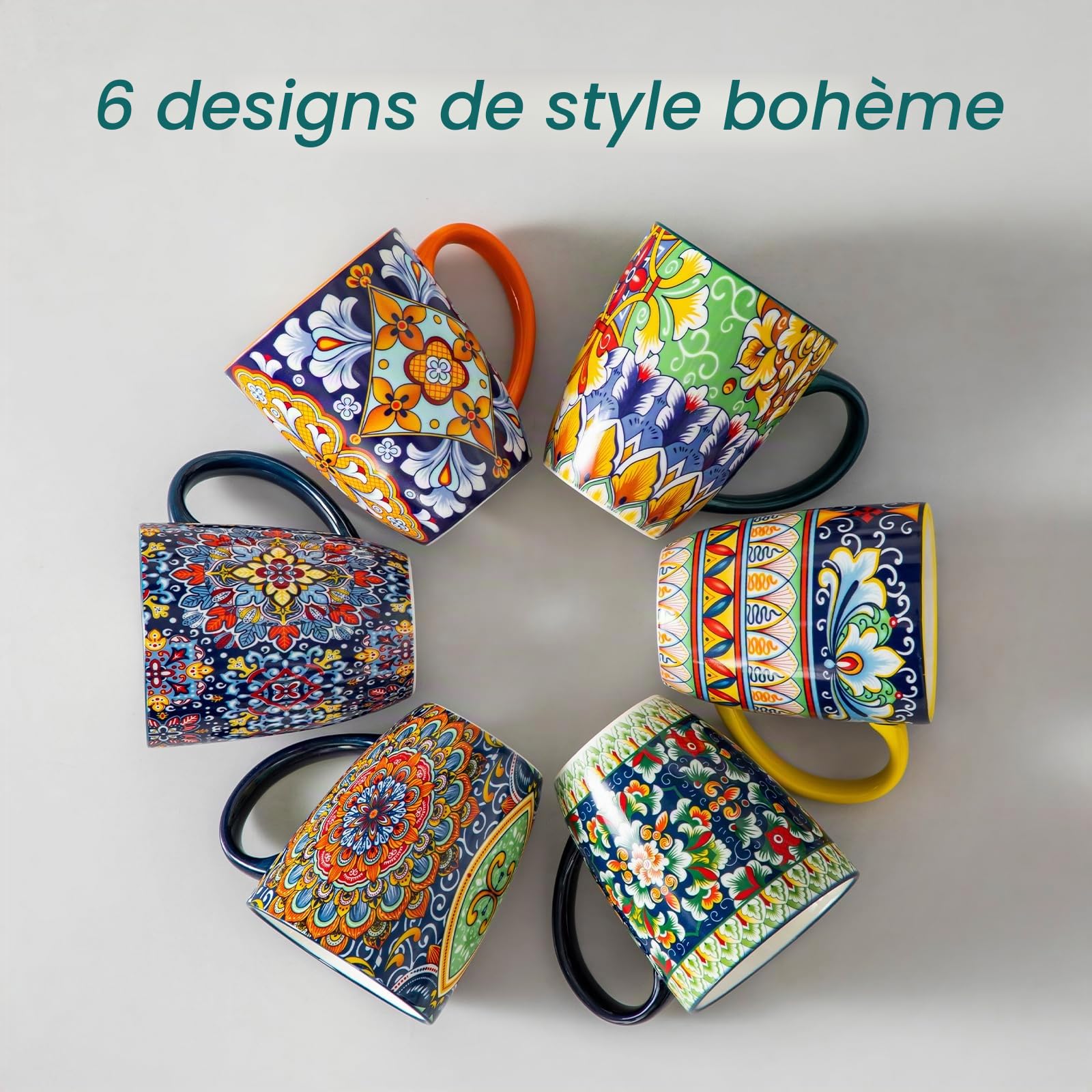 vancasso SIMI Lot de 6 Tasses à Café en Porcelaine (360ml) - Mugs avec Anse pour Thé, Café, Lait, Cappuccino - Résistant au Lave-vaisselle et Micro-ondes - Design Bohème Chic