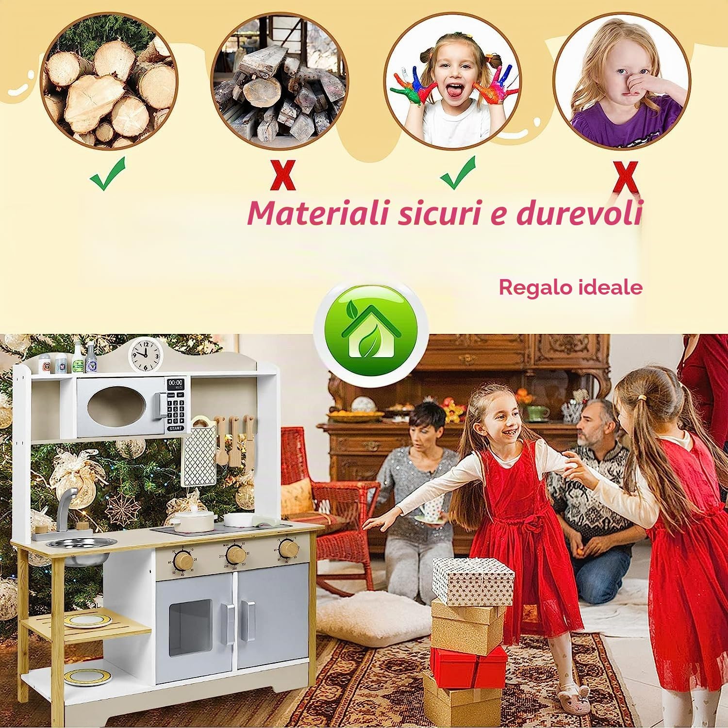 HENGMEI Set di giocattoli da cucina per bambini, in legno, con accessori in legno, per microonde, lavandino, set da cucina per bambini, 65 x 24 x 85 cm, tipo A