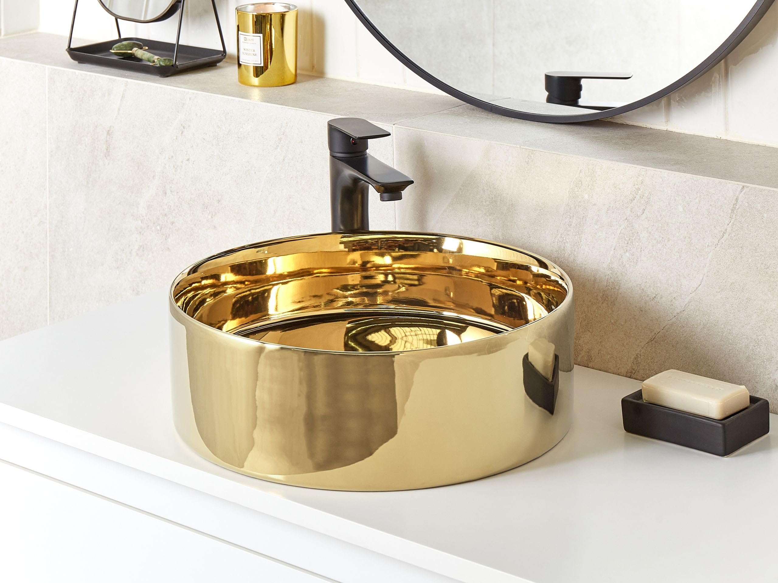 Aufsatzwaschbecken Keramik gold glänzend/matt rund ⌀ 40 cm ohne Überlauf Tebar