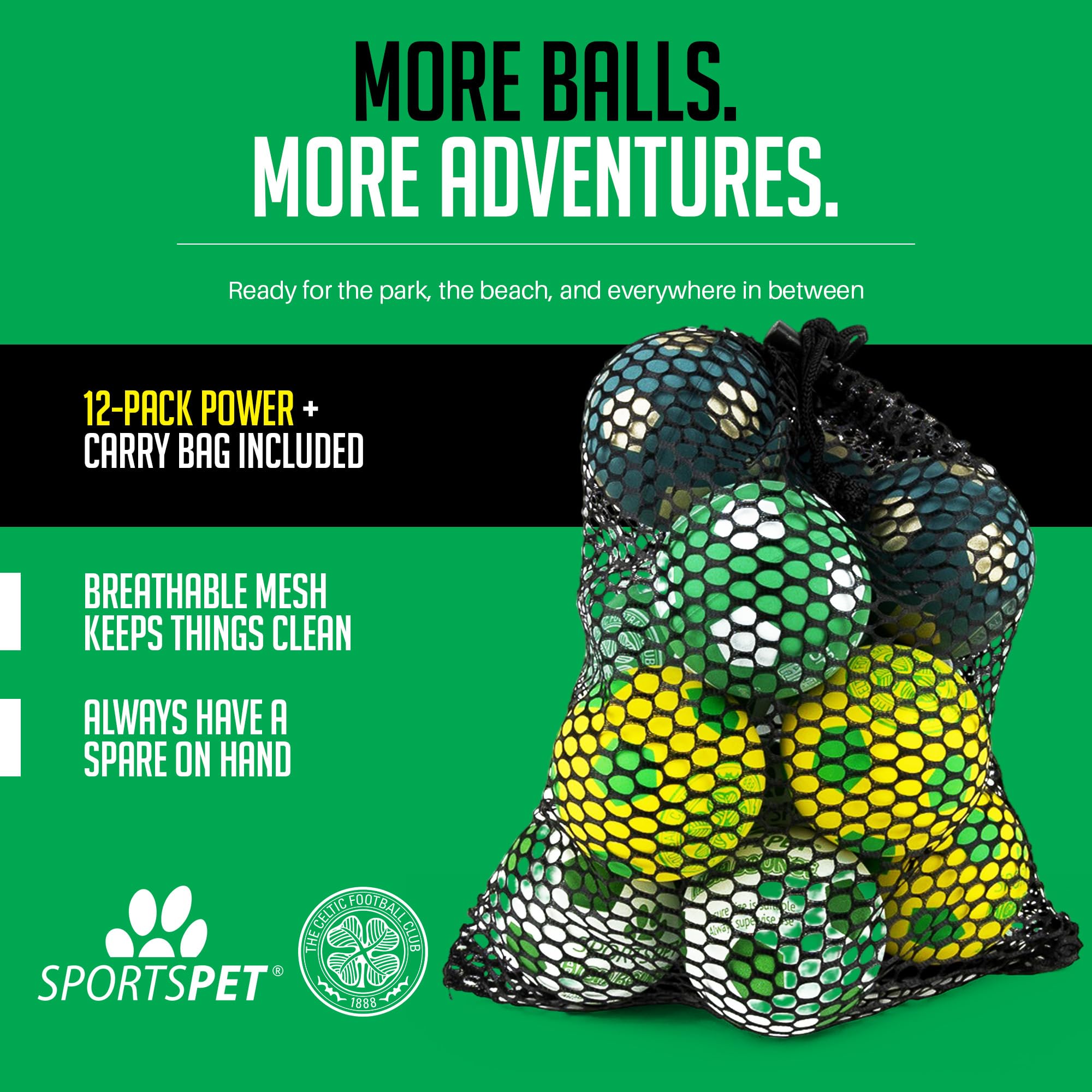 SPORTSPET Lot de 12 balles celtiques pour chien à rebond élevé avec sac en maille | Balles en caoutchouc de qualité supérieure pour chien à rapporter et jouer | Non toxiques, flottent dans l'eau