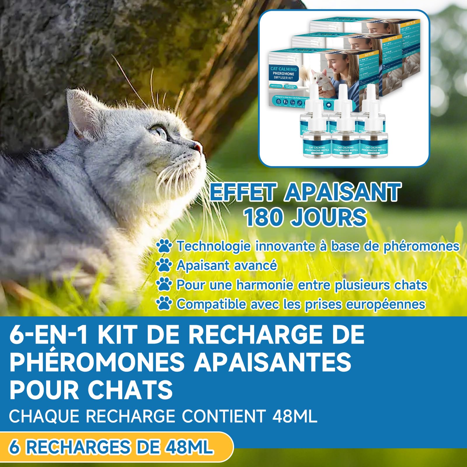 VICSOM 6 Recharges Pheromones Chat Compatible avec Tous Les Diffuseurs Courants, Diffuseur Chat Anti Stress 180 Jours pour Soulager, La Relaxation Et L'anxiété (48 ML par Recharge)