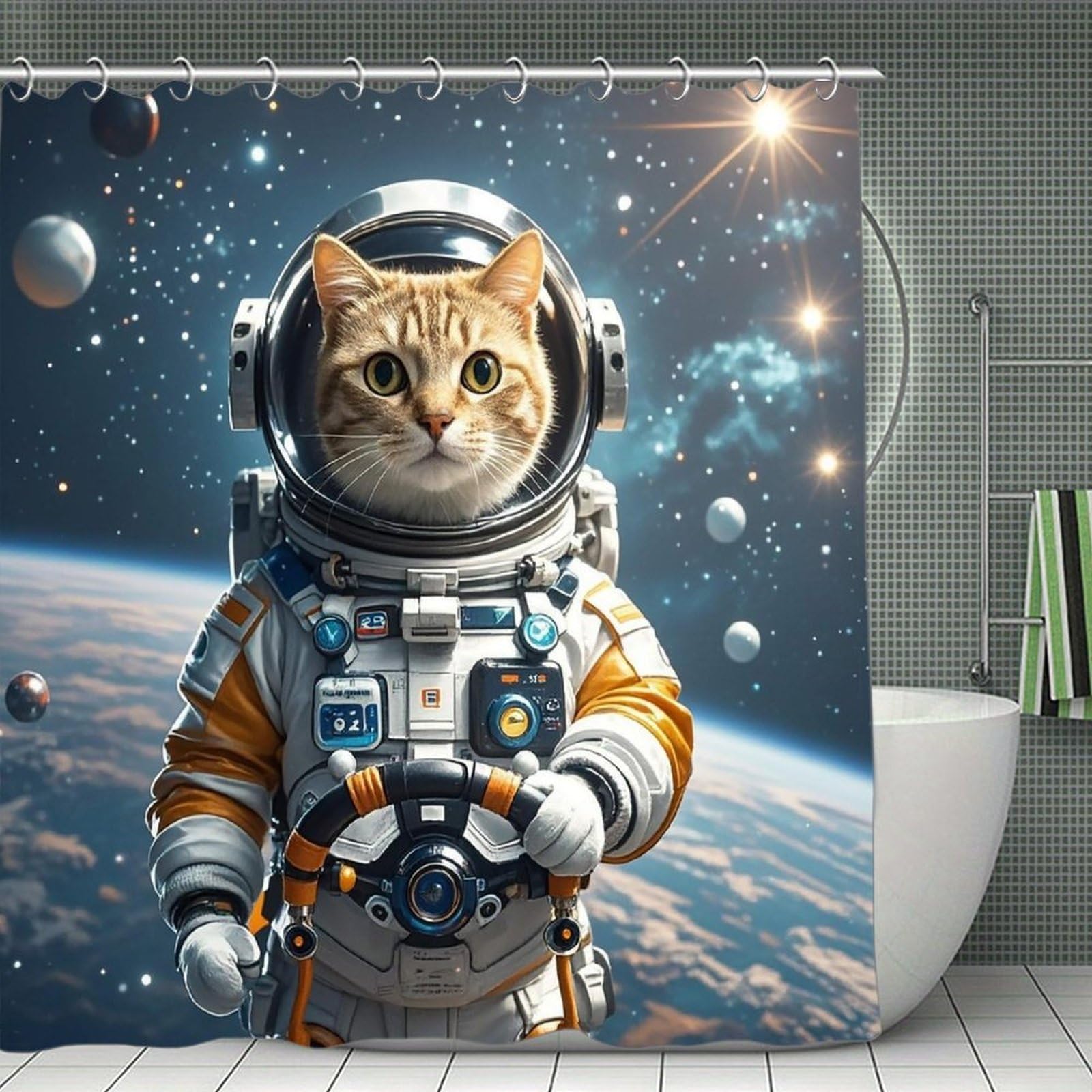 VstaDank Astronaut Cat in Space Bath Curtain Elegant Heavy Duty Shower Curtains 70x70 in Rustic Farmhouse Cloth Shower Curtains Neutral Modern Bath Curtain for Bathroom
