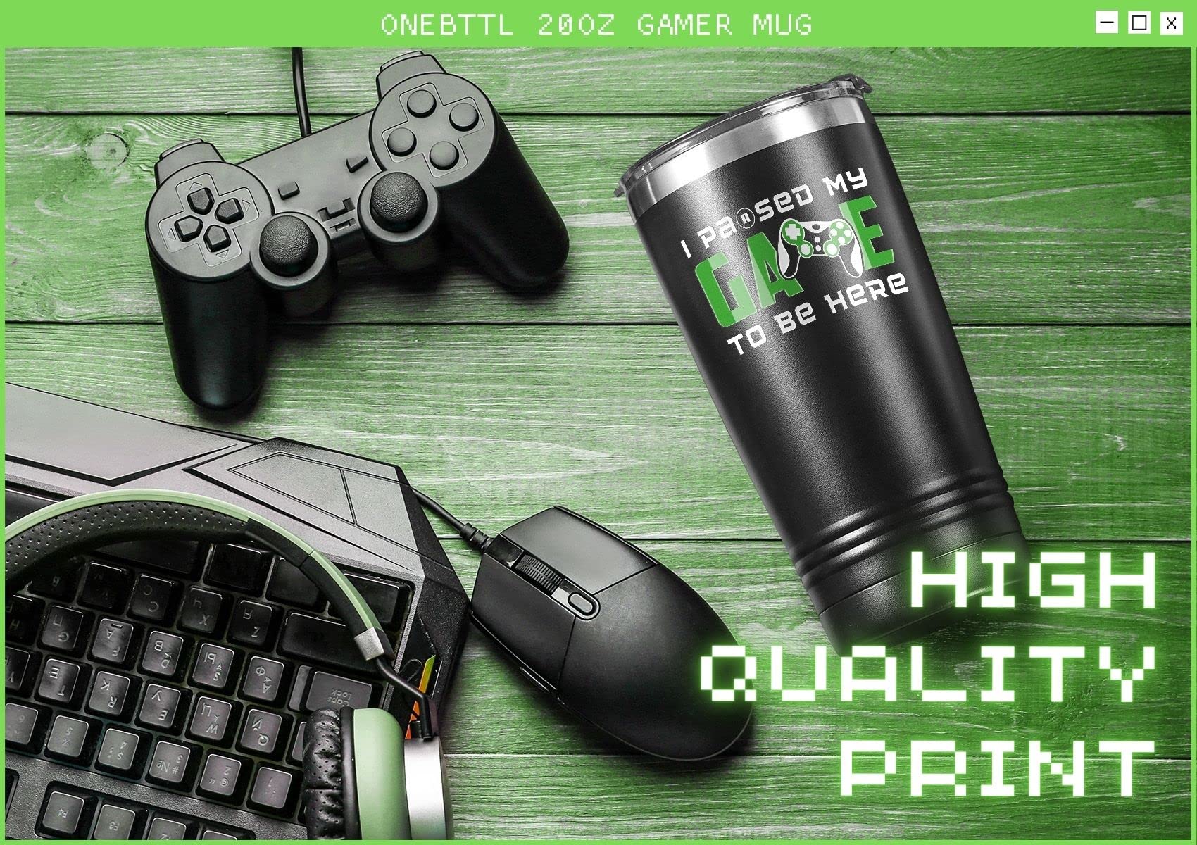 Onebttl Gamer Tasse – 590 Ml, Edelstahl, Laser-Design „I Pause My Game To Be Here“, Isoliert