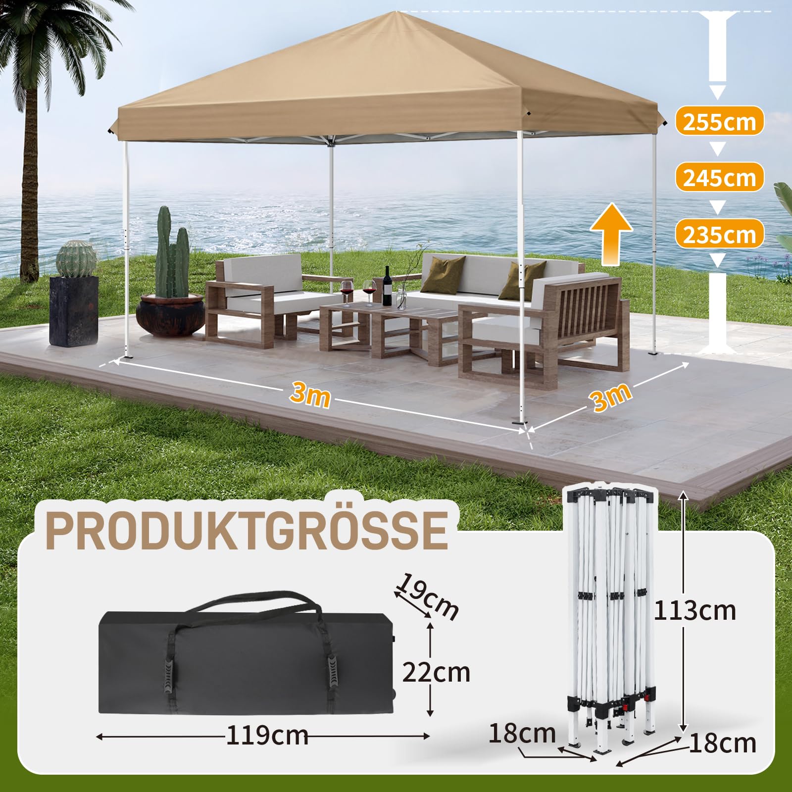 Pavillon 3x3m,One-Touch Faltpavillon,Wasserdicht,Winterfest,UV Schutz 50+,Gartenzelt,Partyzelt,mit 4 Seitenteilen,4 Sandbeutel,für Garten,Party,Camping (Khaki, 3x3m mit 4 Seitenwänden)