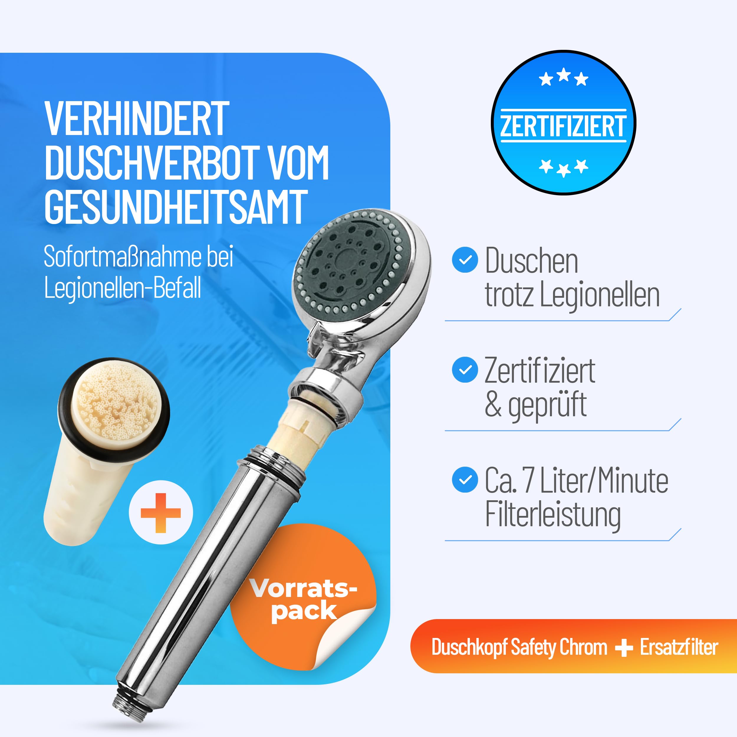 Legionellenfilter Duschkopf Safety Chrom und Ersatzfilter