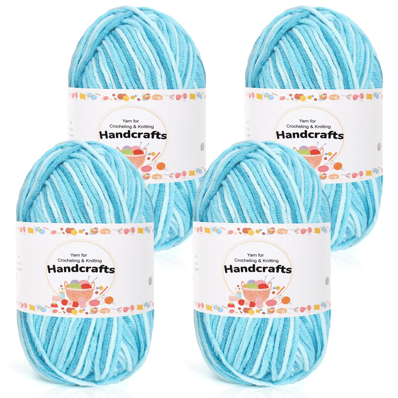 Aeelike 200g(4x50g) Farbverlauf Garn, 5Ply Häkelwolle Baumwolle zum Häkeln, Langlebige Strickwolle, Bunte Häkelgarn Cotton Yarn von Decke, Pullover, Schals, Hüte, Hellseeblau