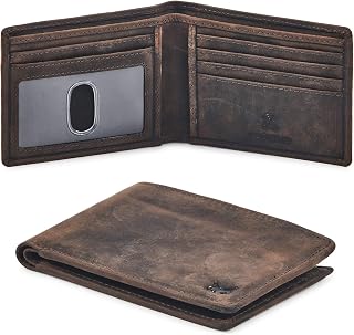 WiseOwl Real Leather RFID Blocking Slim Bifold Wallet for Men - Crazy Horse Coffee, ID Window, Minimalist Front Pocket, Gift Box