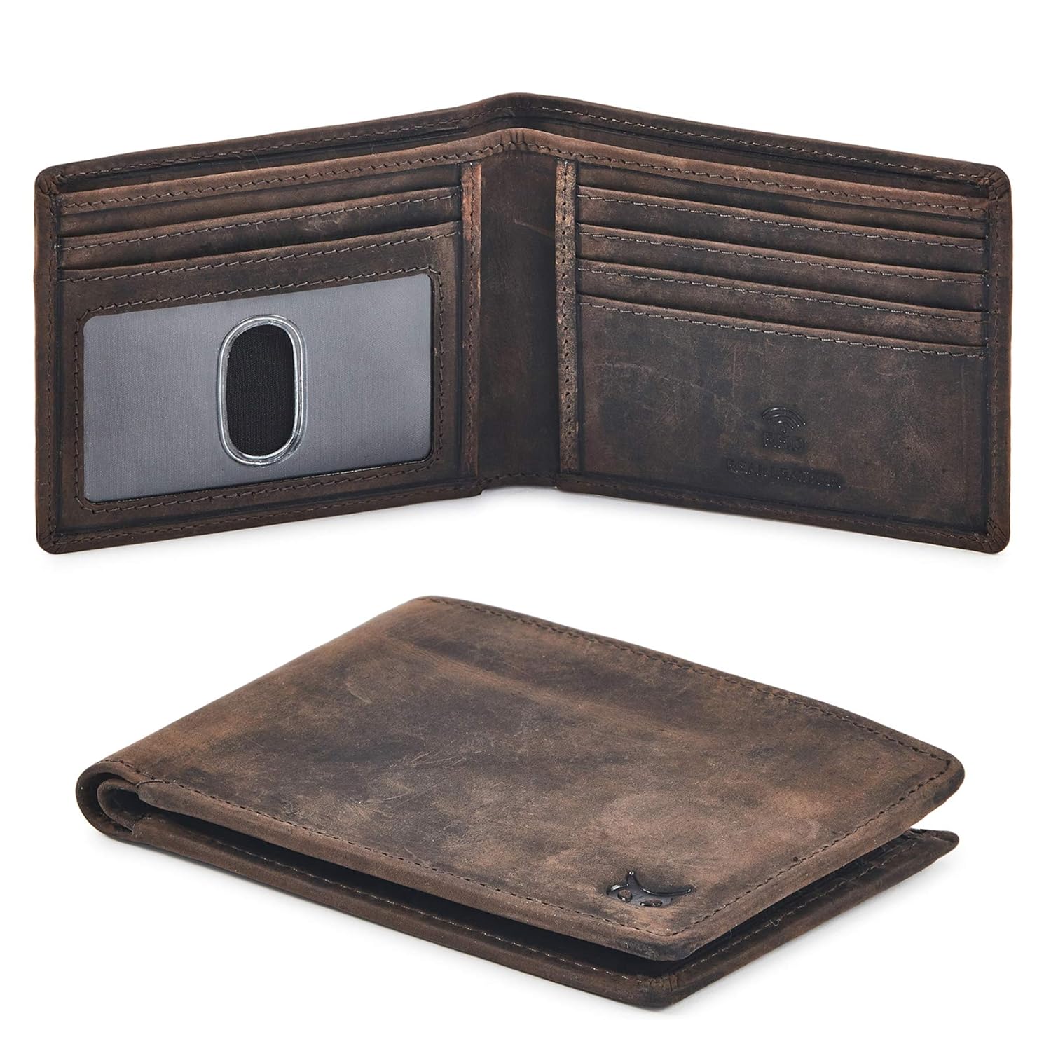 Real Leather Mens Bifold Wallet RFID Blocking Slim Minimalist Front Pocket - Thin Stylish with ID Window in