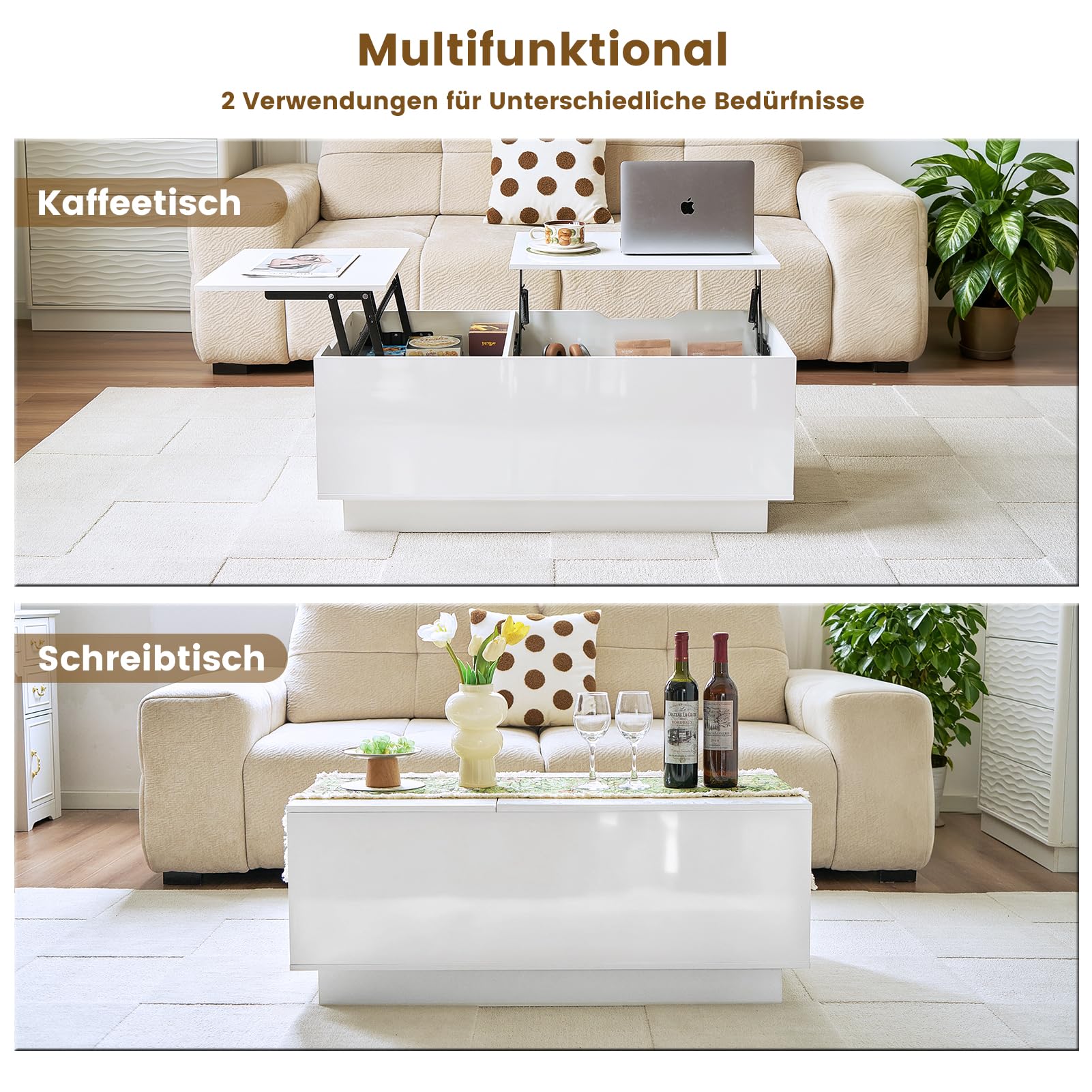 Couchtisch Höhenverstellbar, Wohnzimmertisch Hochglanz mit Verstecktem Stauraum und Schubladen Modern, Couchtisch Hochglanz mit Hebeplatte, 100 x 50 x 40 cm, Weiß