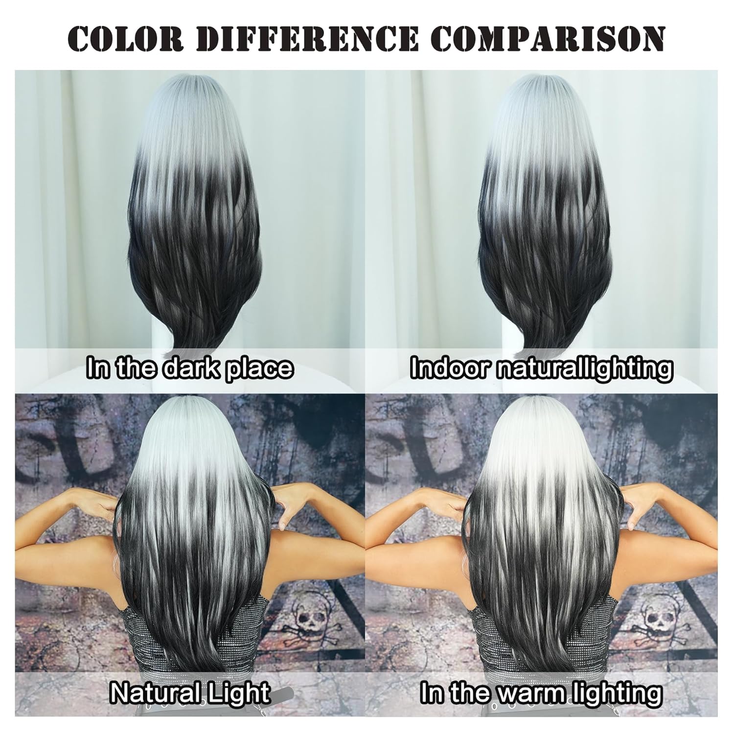 7JHH WIGS 25Inch Long Straight Layered Wig with Bangs Heat Resistant Black White Ombre Wig Make Natural Looking Wigs for Women Party Cospaly Curella Wig and Daily Used - Image 4