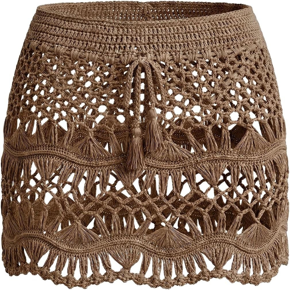 CUPSHE Women Crochet Coverup Skirt Drawstring Knit Mini Skirt Coverup for Swimwear