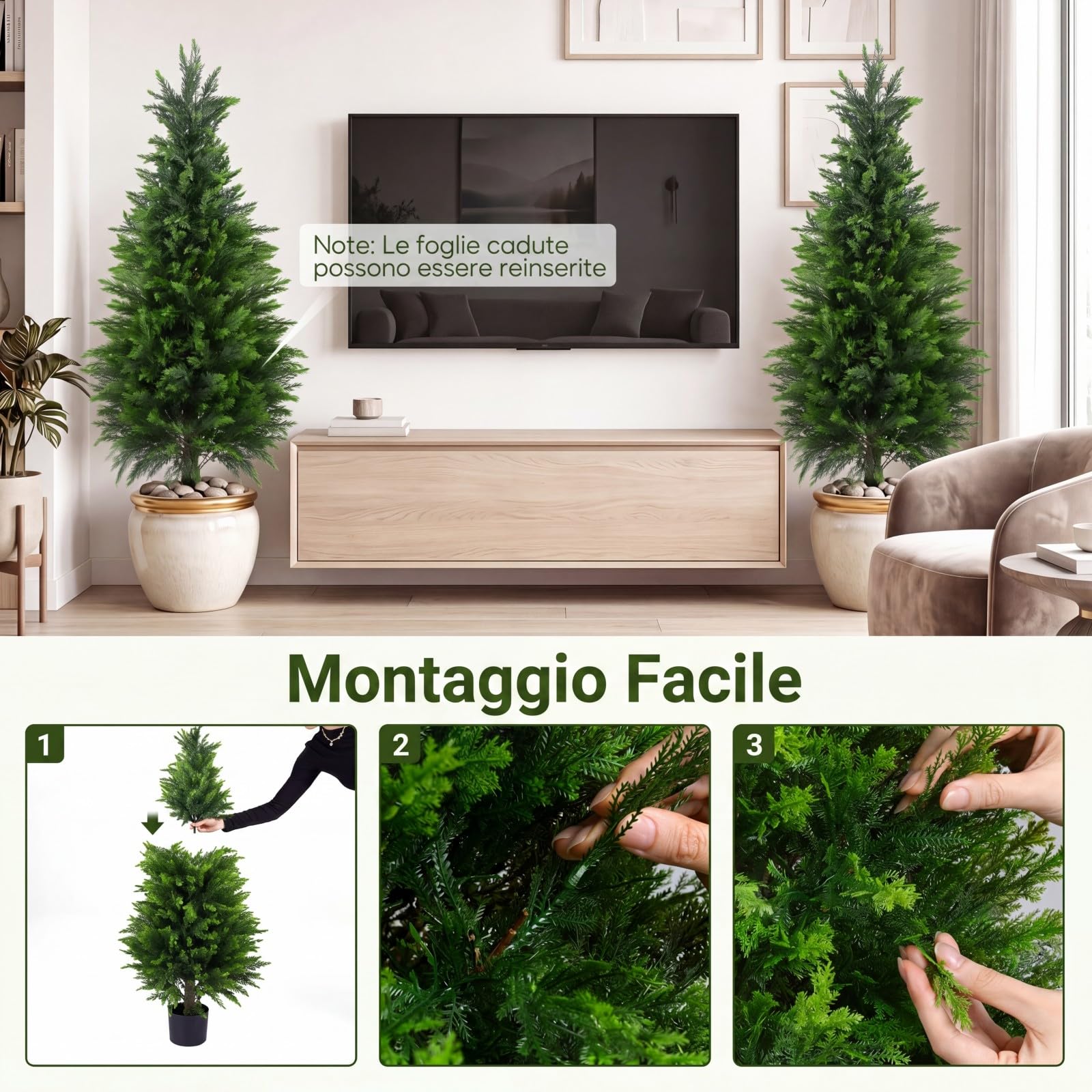 COSTWAY Set di 2 Alberi Artificiali di Cedro, Albero Artificiale in Vaso con Cemento e Fondo Rinforzato, Resistenti al Sole, Pianta Topiaria Finta da Interno e Esterno, per Casa e Ufficio (120 cm)