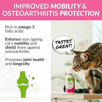 Cat Senior Health Supplement 7yrs+. Rich in Omega 3 – 200mg/ml, Antioxidant Vitamin E, Enhances Mobility, Supports Joints & Vital Organs. 150ml