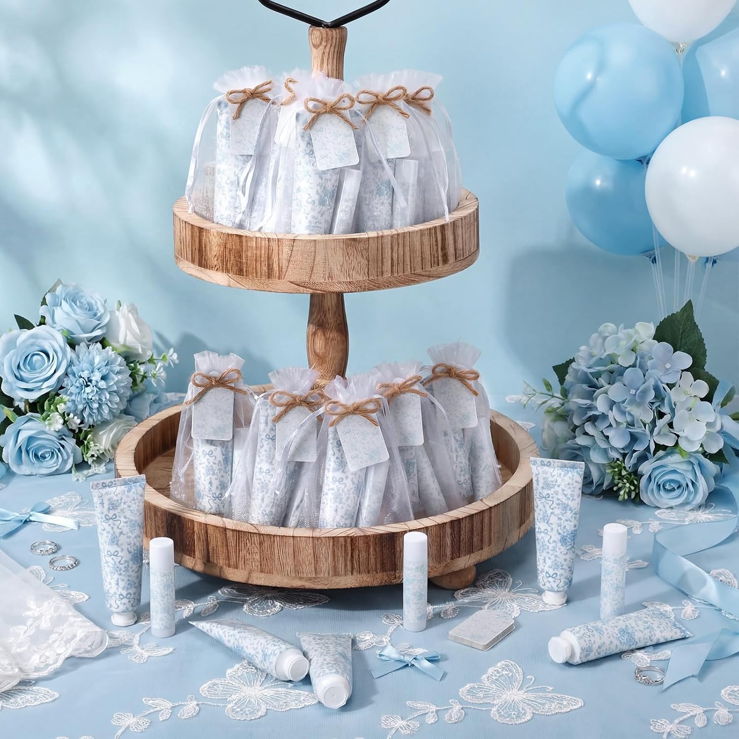 Qunclay 24 Set /96 Pcs Blue Bow Floral Bridal Shower Hand Cream and Lip Balm Gift for Guest Bulk Blue Floral Baby Shower Favors Travel Hand Lotion and Lip Balm Birthday Bridal-shower Party Supplies
