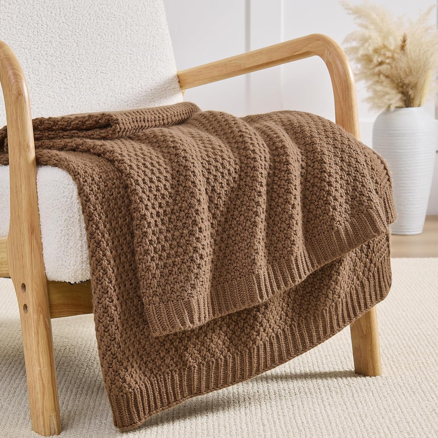 Light Brown Throw Blanket, Caramel Knit Throw Blanket for Couch, Soft Cozy Reversible Warm Lightweight Decorative Moss Stitch Cable Knitted Blankets for Bed, 50x60 Inches, Camel Brown