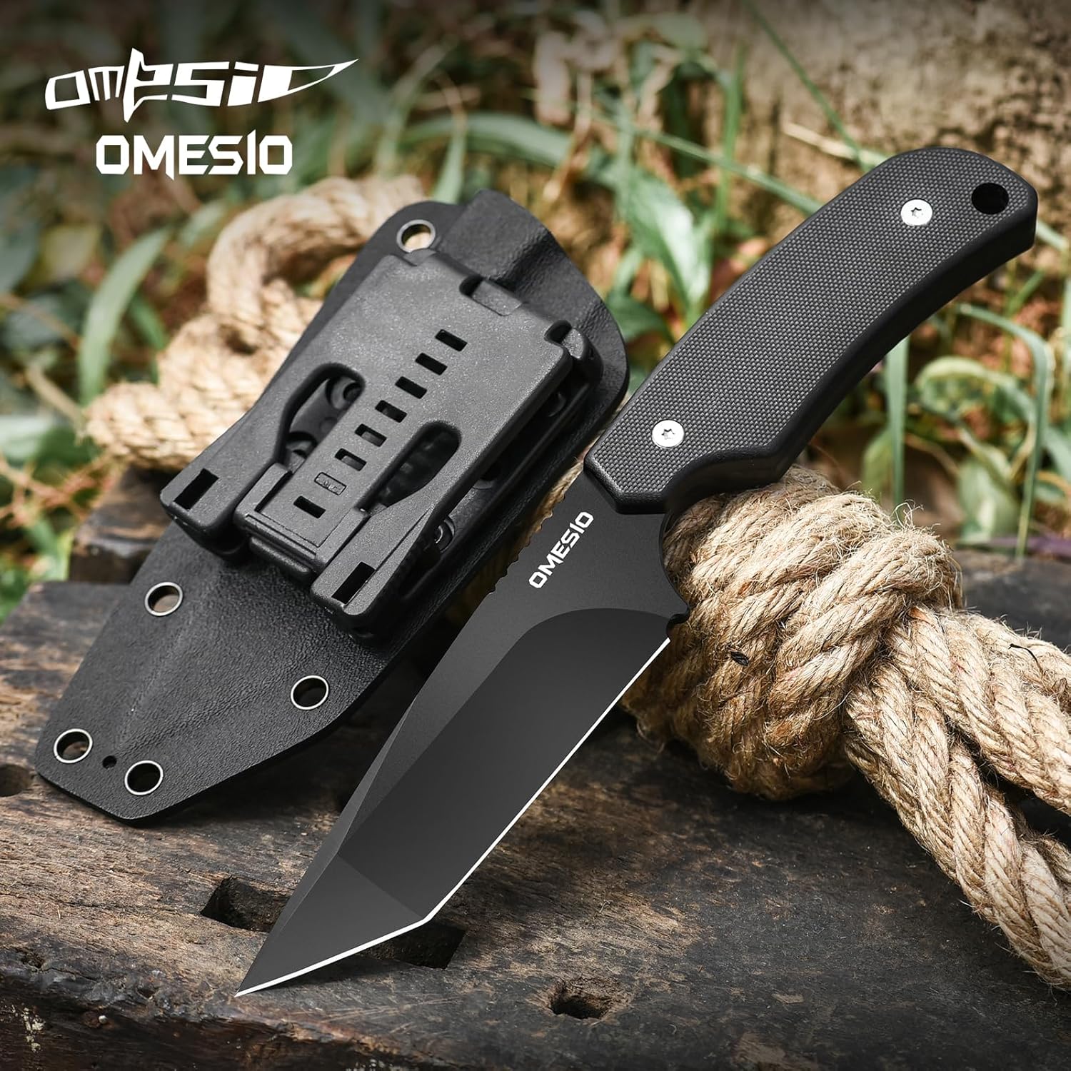 Omesio Tanto Fixed Blade Knife with Sheath, 4.72'' Sharp Full Tang Tactical Survival Knife, D2 Steel Ergonomic G10 Handle Camping Outdoor Knife with Kydex Sheath
