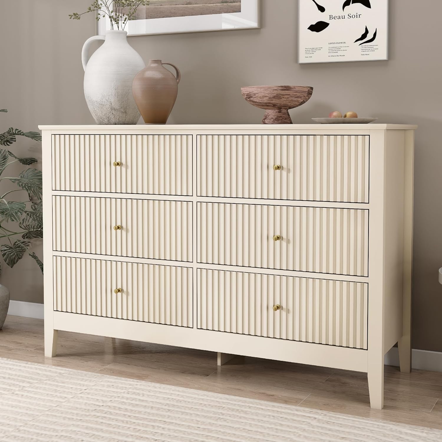 Beige Dresser for Bedroom, 6 Drawers Fluted Chest of Drawers with Storage, Modern Wide Storage Dresser with Paint Design, Wood Drawer Organizer Beige Dressers for Entryway, Hallway