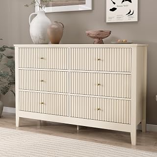 Beige Dresser for Bedroom, 6 Drawers Fluted Chest of Drawers with Storage, Modern Wide Storage Dresser with Paint Design, Wood Drawer Organizer Beige Dressers for Hallway, Entryway